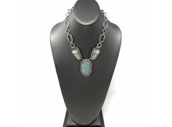 Signed Sterling Silver Artisan Necklace W Bezel Set Blue Drusy, Turquoise, And Blue Topaz Gemstones