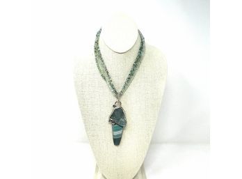 Artisan Signed Sterling Silver Necklace W Ombre Teal Blue Stone Beads, Bezel Set Teal Banded Agate, Slag Glass