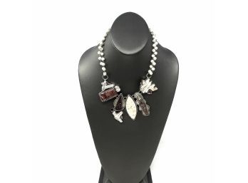Artisan Signed Sterling Silver Necklace W/ White Pearl Beads And Bezel Set Wine Colored Jasper, Drusy, Pearl