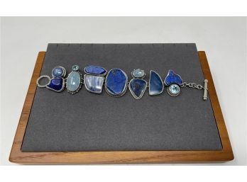 Signed Artisan Sterling Silver Toggle Clasp Bracelet W Blue Lapis, Drusy, Sodalite, And Topaz Stones