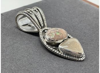 Artisan Signed Sterling Silver Pendant With Boulder Opal And Drusy Quartz
