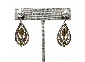 Artisan Signed Sterling Post Earrings With Peridot And Pearl