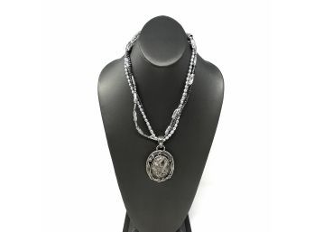 Artisan Signed Sterling Silver Necklace W/ Gray Pearl, Hematite Beads And Bezel Set Silver, Gray Drusy Quartz