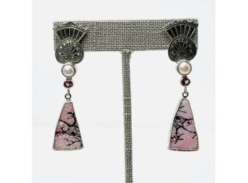 Signed Artisan Sterling Silver Post Earrings W Pearls, Pink Tourmaline, Pink Porcelain And Fan Motif Findings