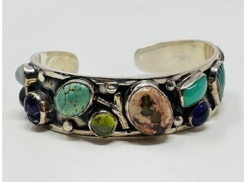 Artisan Signed Sterling Silver Multi Stone Cuff W Turquoise, Fire Opal, And Amethyst Stones