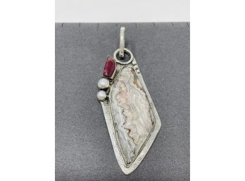 Artisan Signed Sterling Silver Pendant With Crazy Lace Agate, Pearls, And Pink Tourmaline