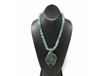 Artisan Signed Sterling Silver Necklace W Blue And Green Chalcedony Beads And A Large Blue Drusy Pendant