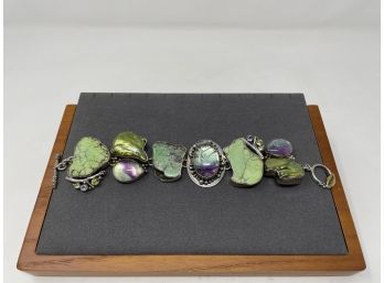 Signed Artisan Sterling Silver Toggle Clasp Bracelet  W Green Turquoise, Pearl, Amethyst, Tree Finding