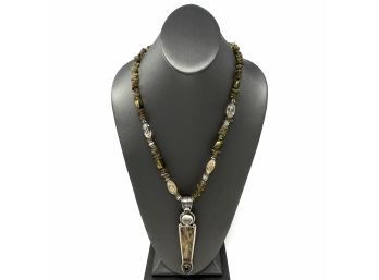 Artisan Sterling Silver Necklace W Agate And Quartz Beads And Bezel Set Peridot, Quartz, And Petrified Wood