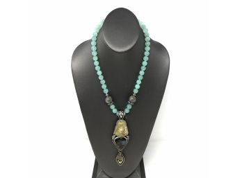 Signed Sterling Silver Necklace W/ Chalcedony Beads And Bezel Set Drusy, Labradorite, And Carved Jade Buddha