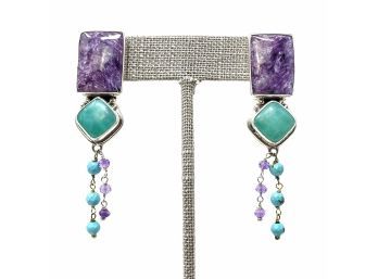 Artisan Signed Sterling Silver Post Earrings W Sugilite, Turquoise And Amethyst Stones