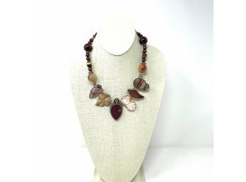 Artisan Signed Sterling Silver Necklace Wine Pearls And Agate Beads, Bezel Set Carved Agate, Coral, And Drusy