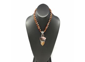 Artisan Signed Sterling Silver Necklace W Ombre Faceted Agate Beads, Bezel Set Citrine And Carved Agate Stones