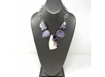Signed Sterling Silver Amethyst, Tiffany Stone, And Purple Lavender Gemstone Statement Necklace