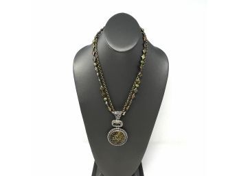 Artisan Signed Sterling Silver And Brass Necklace W Green Pearl Beads And Bezel Set Peridot And Brass Finding