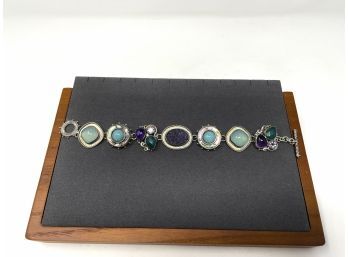 Signed Artisan Sterling Silver Toggle Clasp Bracelet  W Purple Drusy, Turquoise, Amethyst, Calchedony