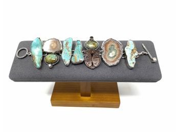 Artisan Signed Sterling Silver Toggle Clasp Bracelet With Turquoise, Agate, And Carved Jade Stones