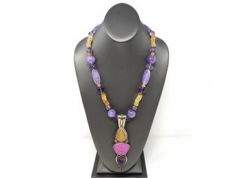 Sterling Silver Signed Necklace With Amethyst, Agate, And Pink Druzy Bezel Set Gemstones
