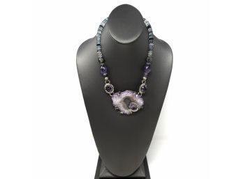 Artisan Sterling Silver Necklace W Amethyst Stone Beads And Large Bezel Set Amethyst- Prong Set Purple Drusy