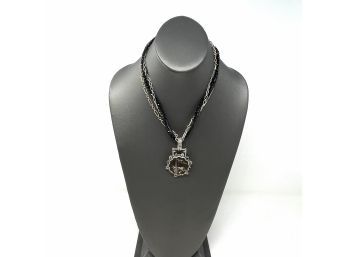 Signed Sterling Silver Artisan Necklace W/ Faceted Black Onyx Beads And Bezel Set Damascene Finding