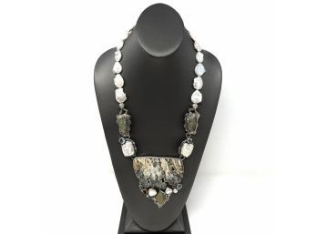 Signed Sterling Silver Necklace W Keshi Pearl Beads And Bezel Set Pearl, Drusy And Large Crazy Lace Agate Gems