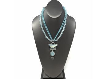 Artisan Signed Sterling Silver Necklace W Ombre Aqua Beads And Bezel Set Boulder Opal, Green And Aqua Stones