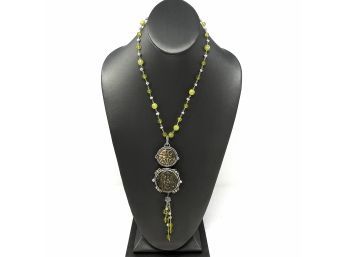 Artisan Signed Sterling Silver Necklace W Faceted Olive Jade, Peridot Beads, And Bezel Set Brass Findings