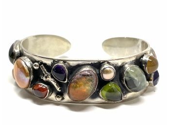 Artisan Signed Sterling Silver Multistone Cuff W Boulder Opal, Peridot, Agate, And Pearl