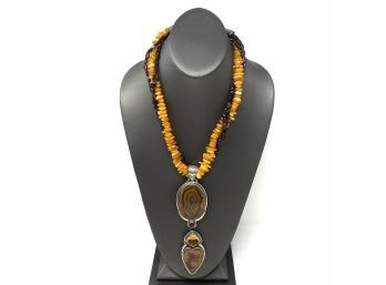 Artisan Signed Sterling Silver Necklace W Eggyolk Amber Beads And Bezel Set Banded Agate And Citrine Gemstones