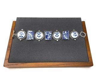 Artisan Signed Sterling Silver Toggle Bracelet With Blue And White Porcelain