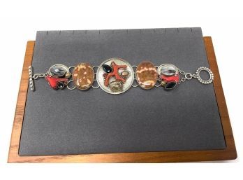 Signed Artisan Sterling Silver Toggle Clasp Bracelet W/ Black Onyx, Red Coral, Quartz And Jasper Stones