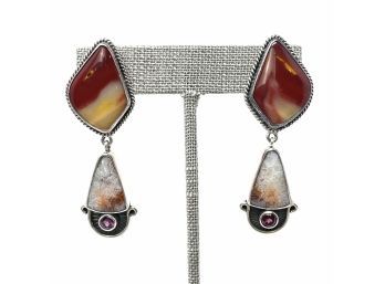 Artisan Signed Sterling Siver Post Earrings W Jasper, Crazy Lace Agate, And Pink Tourmaline Stones
