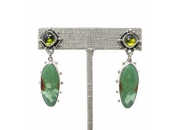 Artisan Signed Sterling Silver Post Earrings W Peridot And Green Turquoise Stones