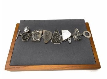 Signed Artisan Sterling Silver Toggle Clasp Bracelet W Gray And White Druzy And Quartz Stones
