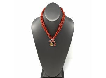 Artisan Signed Sterling Silver With Coral And Citrine Necklace