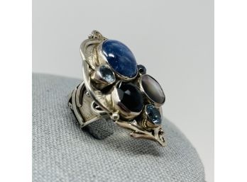 Artisan Signed Sterling Silver Ring W Blue, Gray, And Black Stone Motif Sz. 8