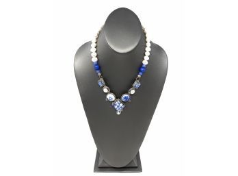 Artisan Signed Sterling Silver Necklace W White Pearl Beads, Bezel Set Pearls, Blue And White China Findings