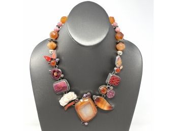 Sterling Silver Signed Necklace W Coral And Orange Tone Bezel Set Gemstones