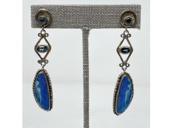 Signed Sterling Silver Post Earrings With Brilliant Blue Opals, And Aqua Blue Stones
