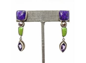 Artisan Signed Sterling Silver Post Earrings W Sugilite, Purple Pearl, Lime Green Turquoise, And Amethyst