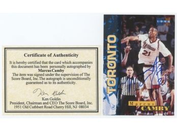 1996 Score Board Draft Day #2A Marcus Camby Autographed, Numbered 357/1996 With COA