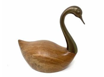 Indian Wood And Brass Swan Sculpture