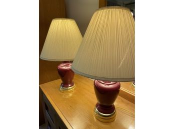 Pair Of Cranberry Lamps - One Shade Damaged As Pictured