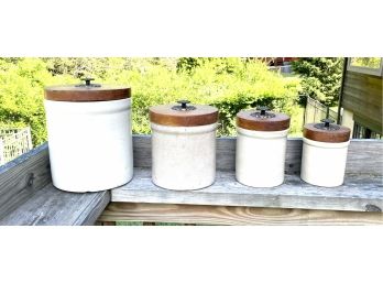 Set Of 4 Graduated Pottery Crock Canisters Each With Matching Lid