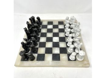 Vintage (possibly Antique) Marble Chess Board Featuring African And European Chess Pieces