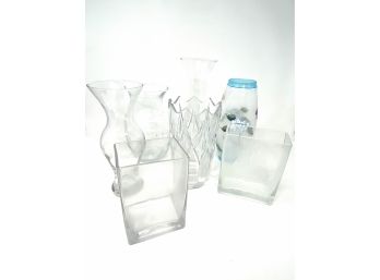 Lot Of 7 Glass Vases In Various Styles And Sizes