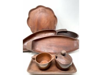 Mahogany Serving Bowls, Platters And Creamer And Sugar Bowl With Matching Tray
