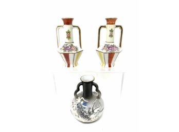 Trio Of Miniature Amphora Vases, Two By Meiko China Made In Occupied Japan