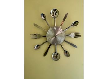 Stainless Kitchen Clock With Utensils
