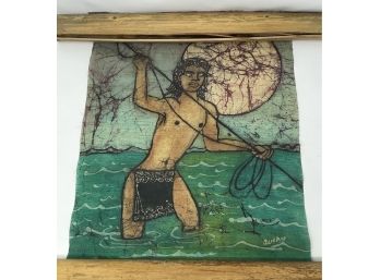 Vintage Painting On Fiber Of Fisherman Signed Avery
